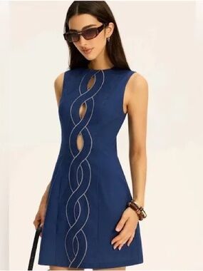 Commense Sleeveless Navy Eyelet Twist Front Dress